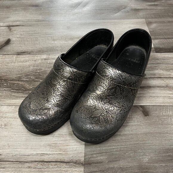Dansko Professional Black Antique Tooled Floral Henna Leather Clogs Size 38